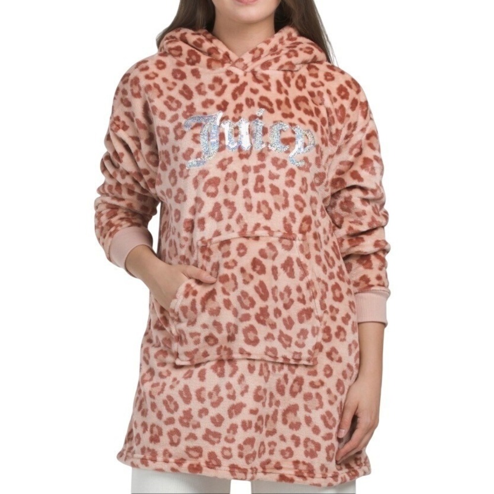 Juicy Couture Women S/M Leopard Print Sherpa Hoodie Lounger Kangaroo Pocket NWT